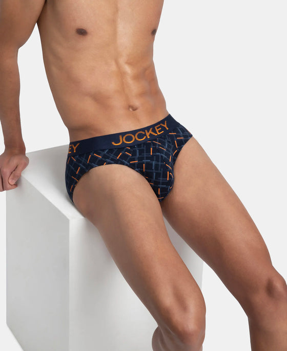 Super Combed Cotton Elastane Stretch Printed Brief with Ultrasoft Waistband - Navy & Orange