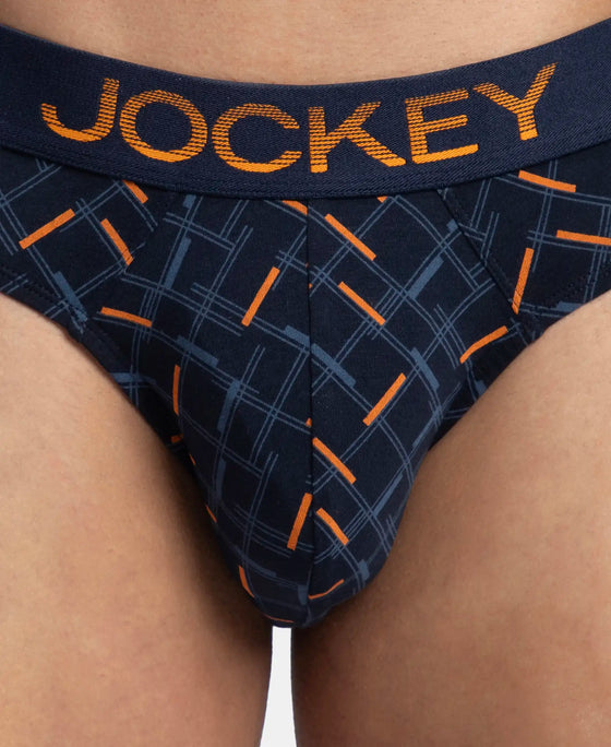 Super Combed Cotton Elastane Stretch Printed Brief with Ultrasoft Waistband - Navy & Orange