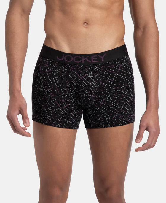 Super Combed Cotton Elastane Stretch Printed Trunk with Ultrasoft Waistband - Black & Abstract Plum