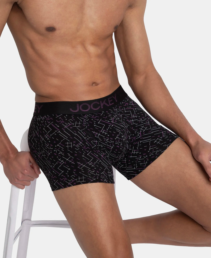 Super Combed Cotton Elastane Stretch Printed Trunk with Ultrasoft Waistband - Black & Abstract Plum