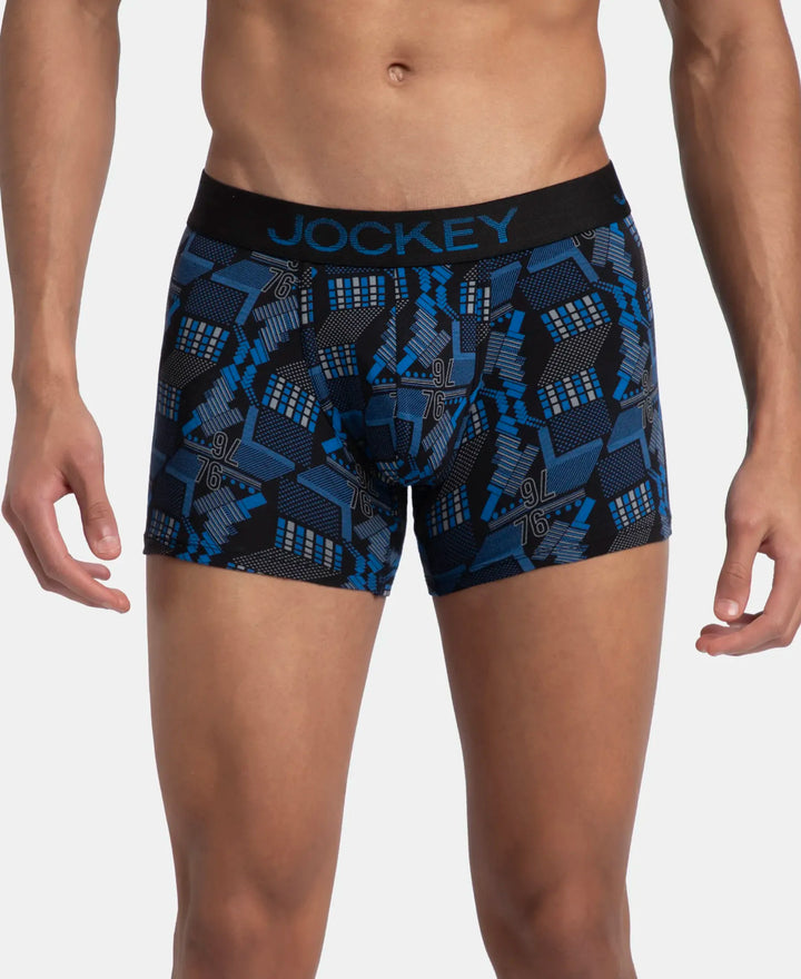 Super Combed Cotton Elastane Stretch Printed Trunk with Ultrasoft Waistband - Black & Blue