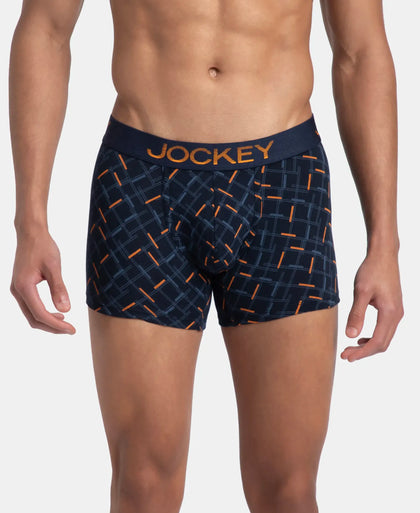 Super Combed Cotton Elastane Stretch Printed Trunk with Ultrasoft Waistband - Navy & Orange