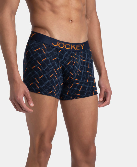 Super Combed Cotton Elastane Stretch Printed Trunk with Ultrasoft Waistband - Navy & Orange