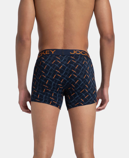 Super Combed Cotton Elastane Stretch Printed Trunk with Ultrasoft Waistband - Navy & Orange