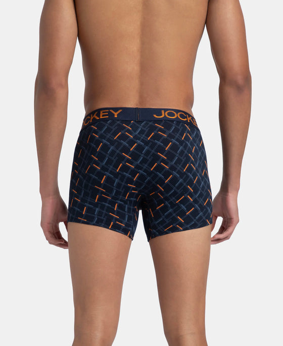 Super Combed Cotton Elastane Stretch Printed Trunk with Ultrasoft Waistband - Navy & Orange