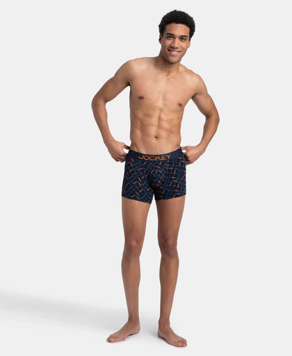 Super Combed Cotton Elastane Stretch Printed Trunk with Ultrasoft Waistband - Navy & Orange