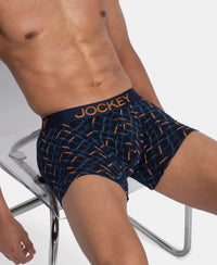 Super Combed Cotton Elastane Stretch Printed Trunk with Ultrasoft Waistband - Navy & Orange