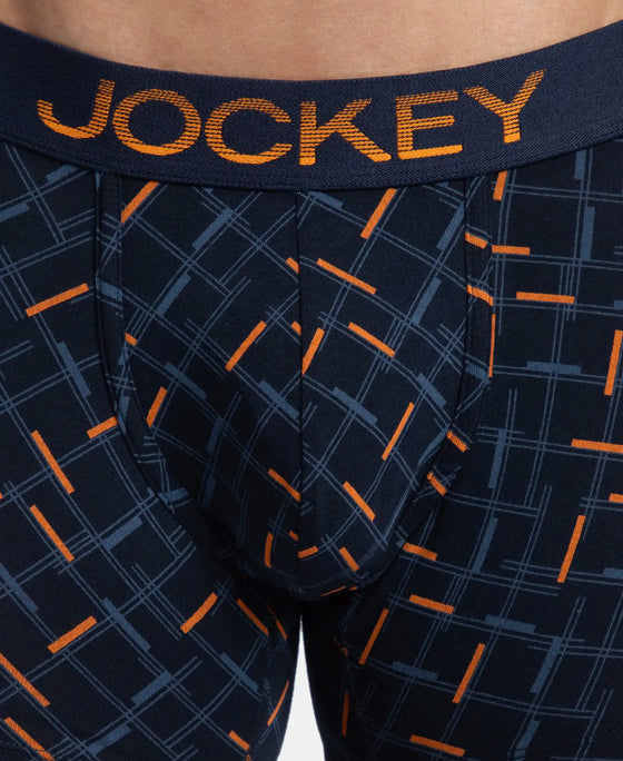 Super Combed Cotton Elastane Stretch Printed Trunk with Ultrasoft Waistband - Navy & Orange