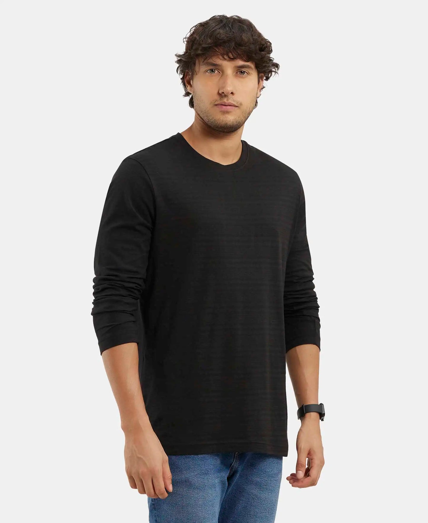 Super Combed Supima Cotton Solid Round Neck Full Sleeve T-Shirt - Black-2