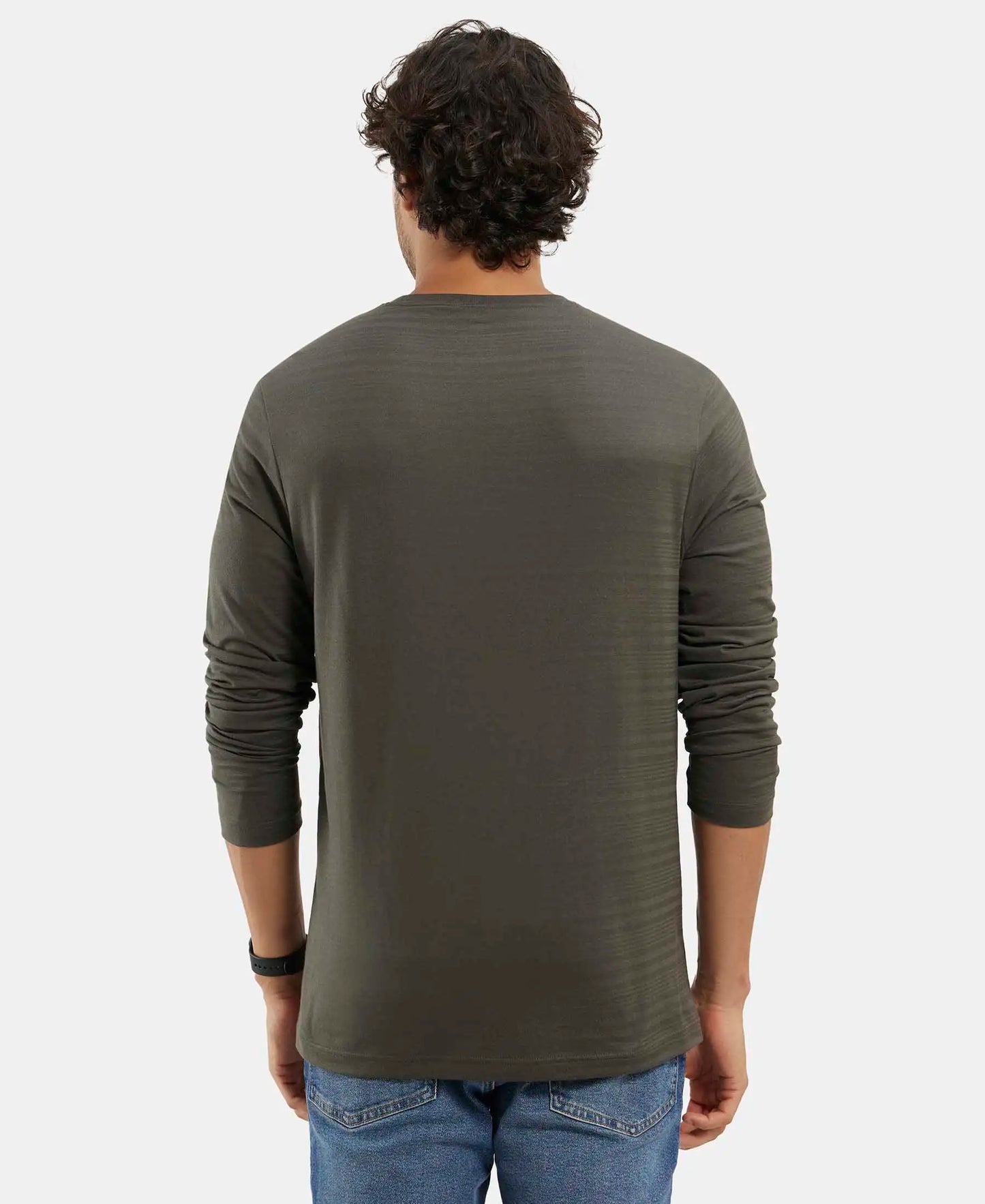 Super Combed Supima Cotton Solid Round Neck Full Sleeve T-Shirt - Deep Olive-3