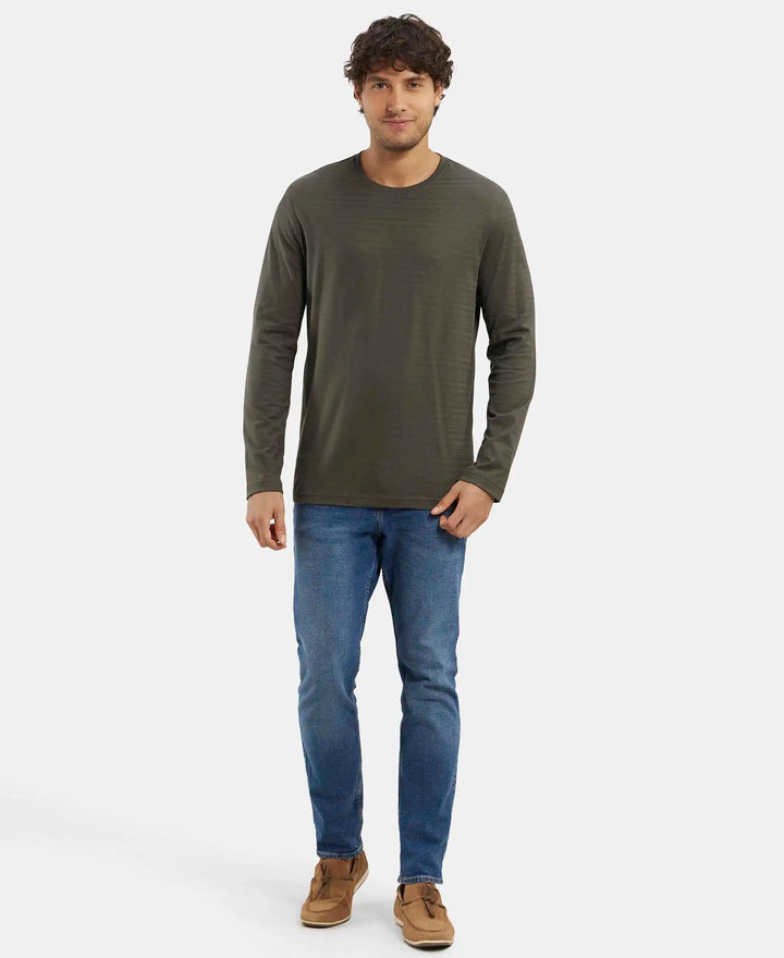 Super Combed Supima Cotton Solid Round Neck Full Sleeve T-Shirt - Deep Olive-4