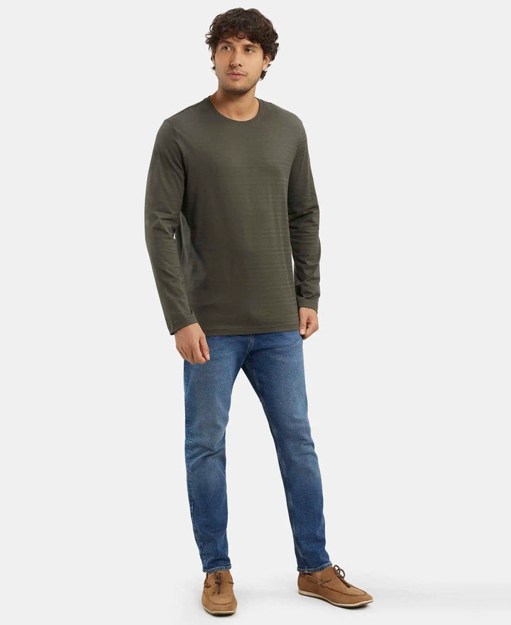 Super Combed Supima Cotton Solid Round Neck Full Sleeve T-Shirt - Deep Olive-6