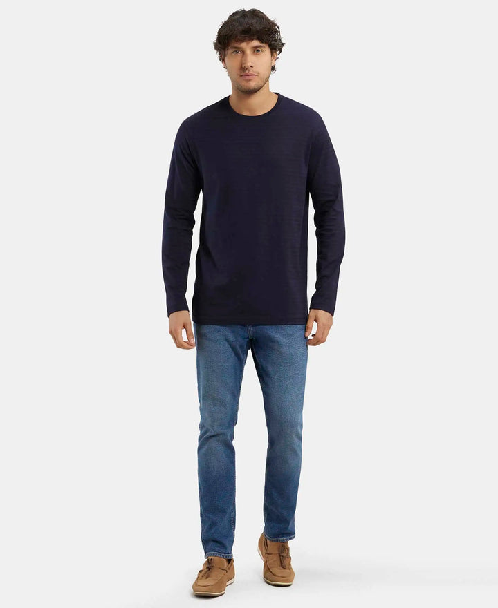 Super Combed Supima Cotton Solid Round Neck Full Sleeve T-Shirt - Navy-4