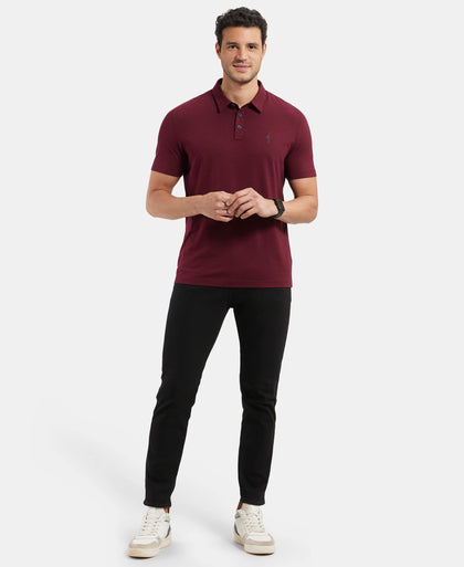 Tencel Micro Modal and Cotton Blend Thin Stripe Half Sleeve Polo T-Shirt - Red Pepper