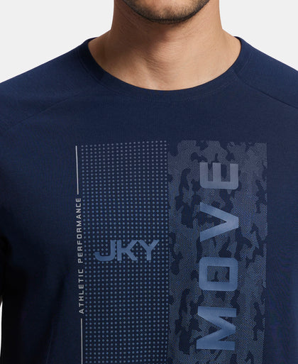 Super Combed Cotton Blend Graphic Printed Round Neck Half Sleeve T-Shirt with Stay Fresh Treatment - Navy  Printed