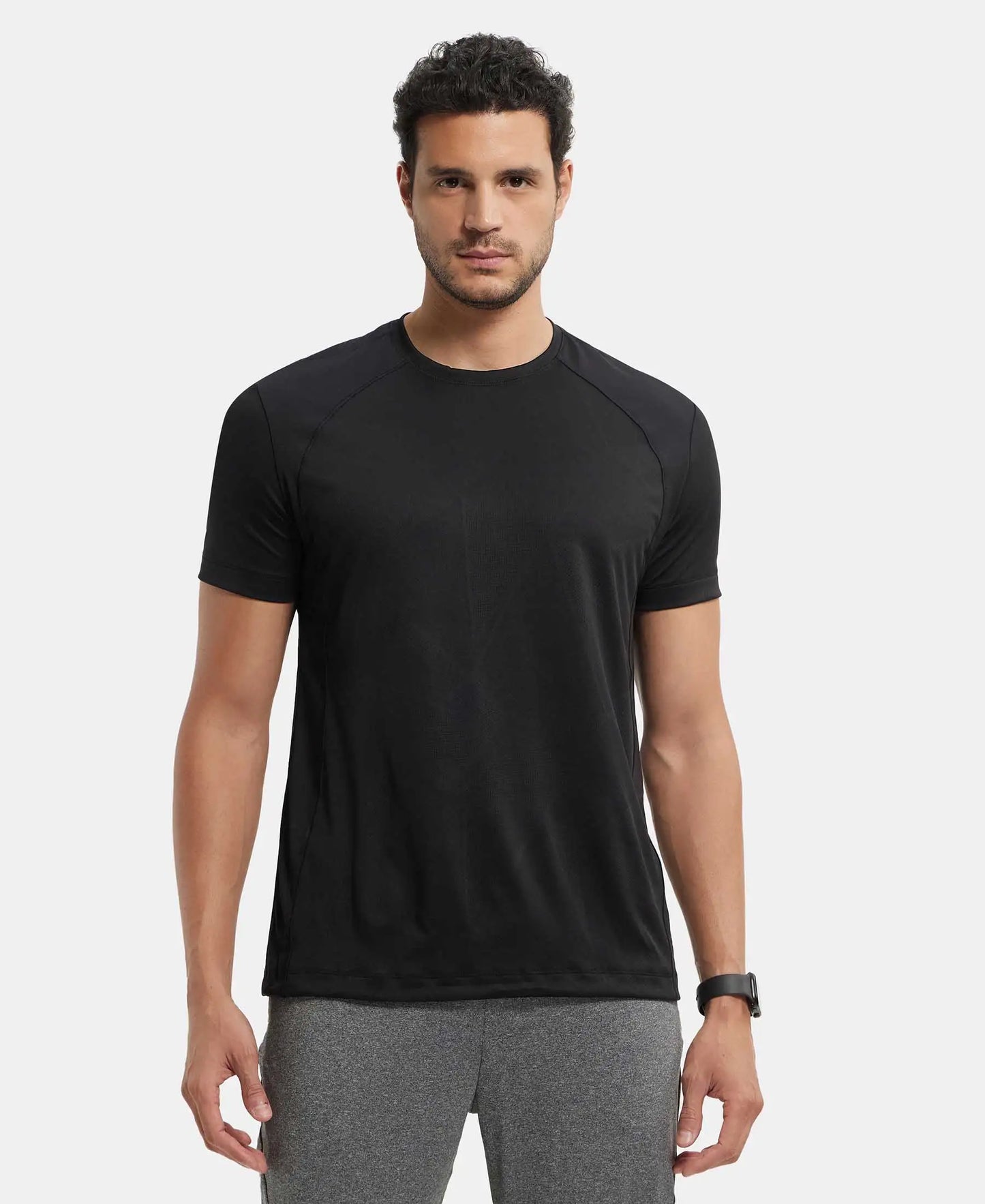 Microfiber Fabric Round Neck Half Sleeve T-Shirt with Breathable Mesh - Black-1