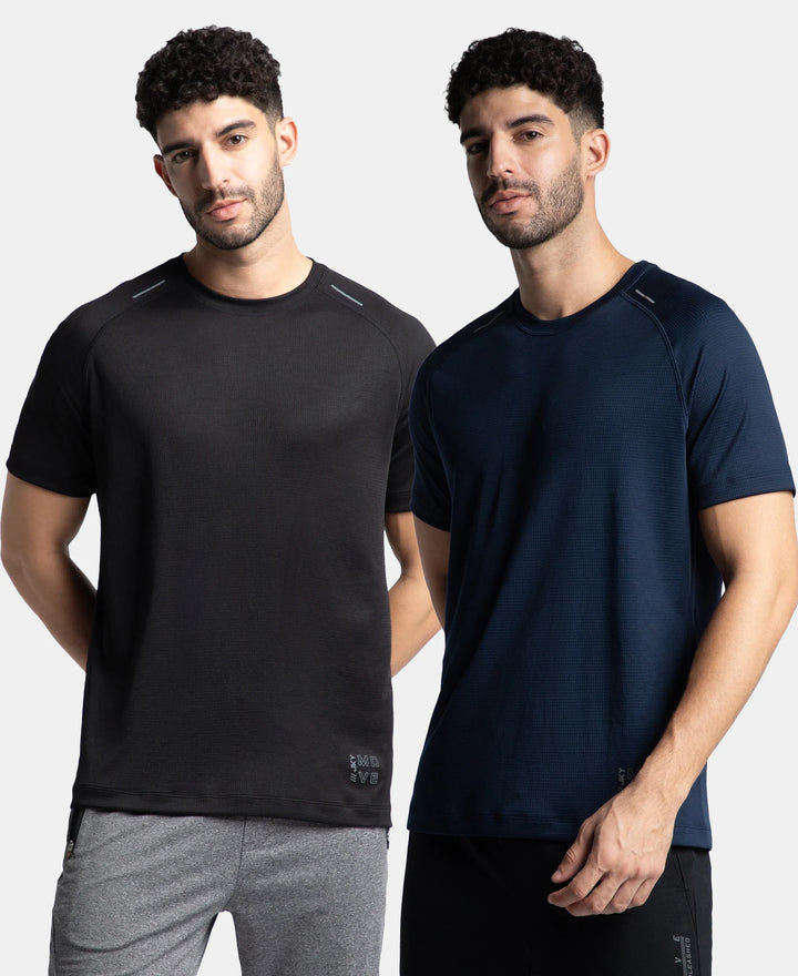 Pack of 2 Lightweight Microfiber Solid Round Neck Half Sleeve T-Shirt with Breathable Mesh - Navy & Black