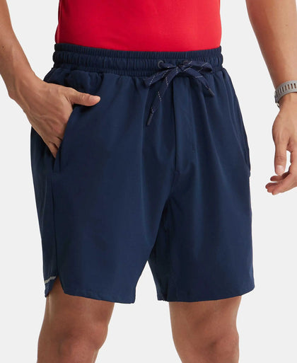 Recycled Microfiber Elastane Stretch Solid Shorts with Zipper Pockets and StayFresh Treatment - Navy-2