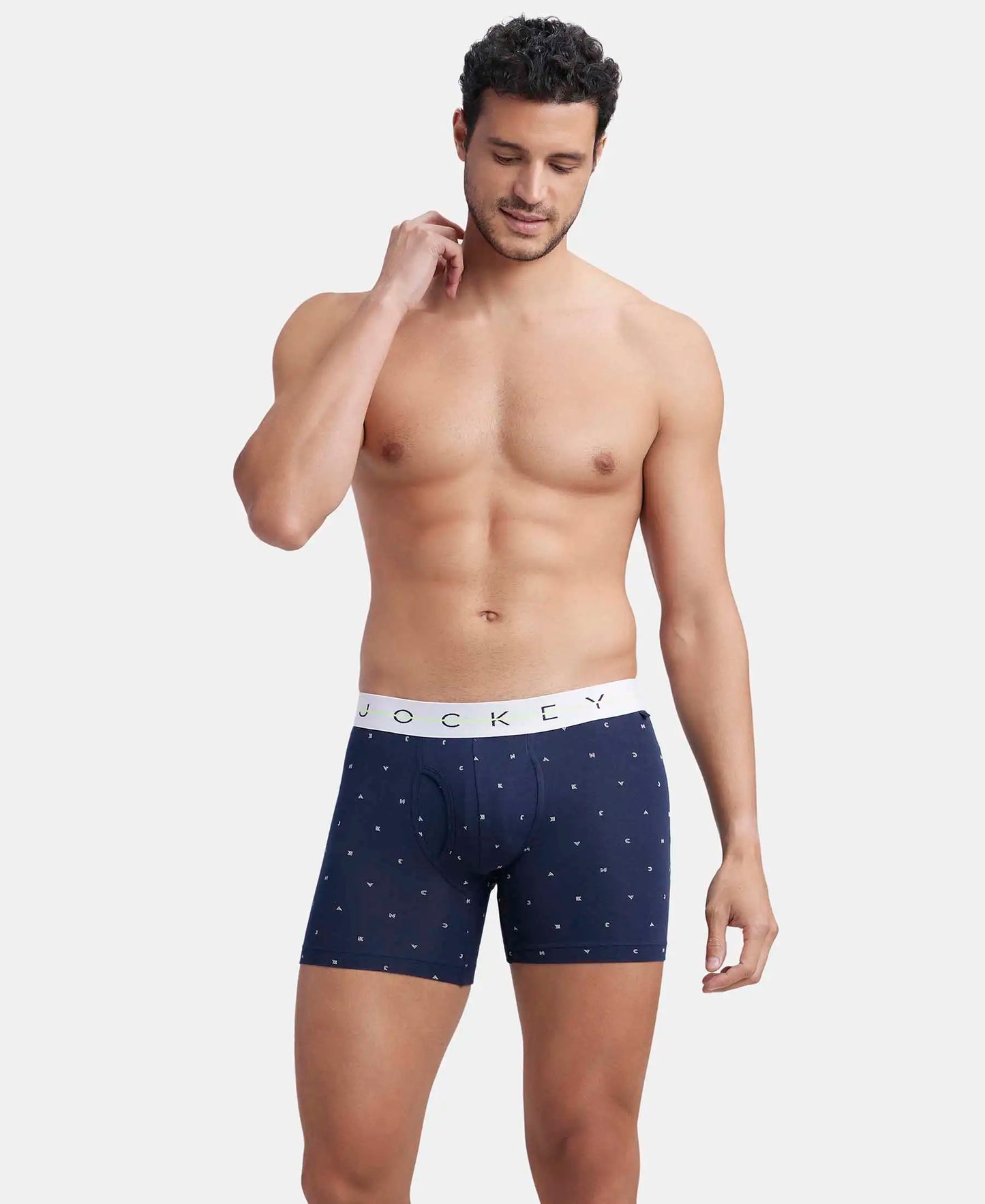 Super Combed Cotton Elastane Printed Boxer Brief with Ultrasoft Waistband - Navy & White-5