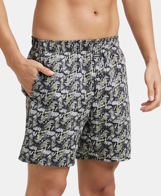 Super Combed Cotton Satin Weave Printed Boxer Shorts with Side Pocket - Black & Orange-2