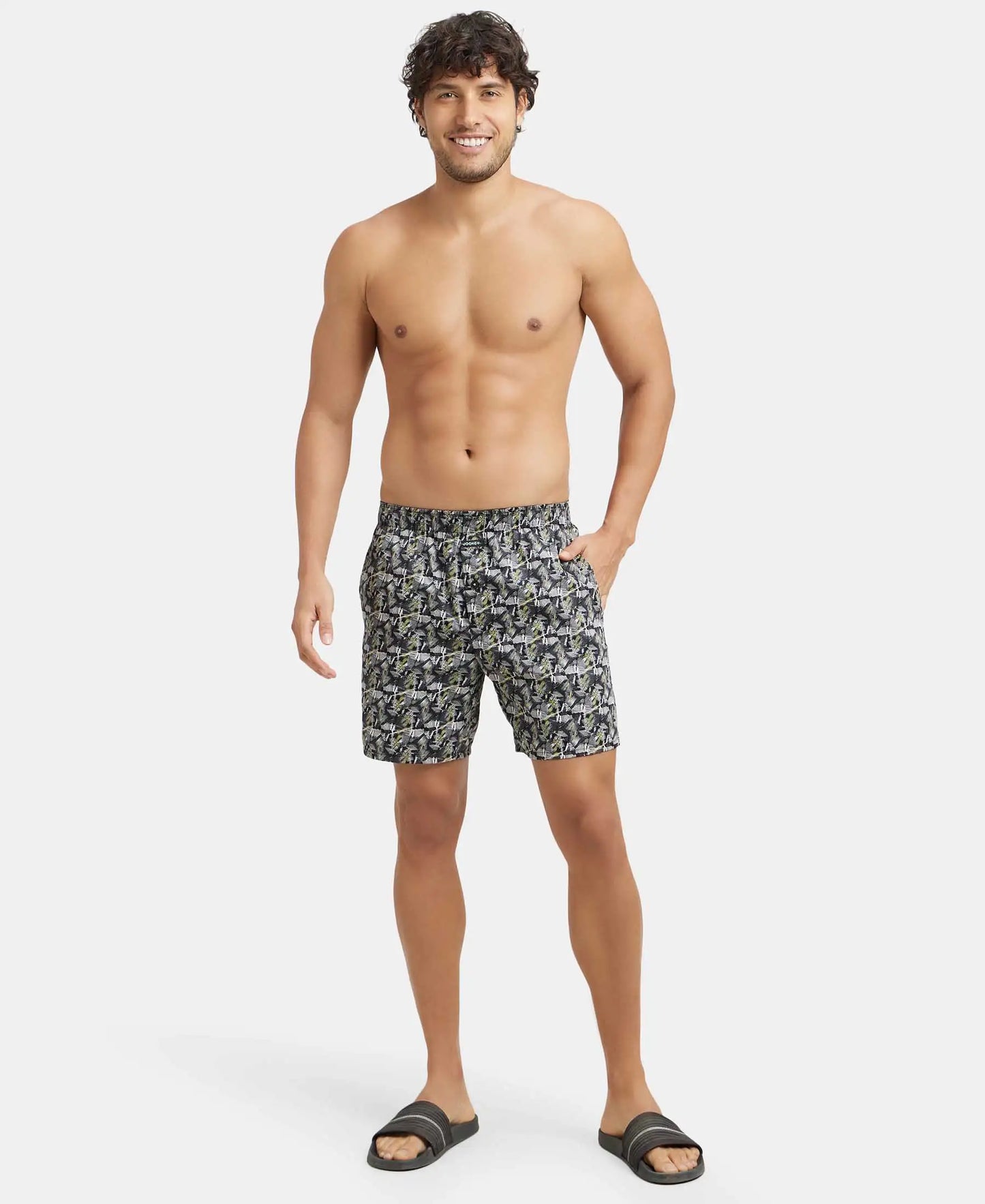 Super Combed Cotton Satin Weave Printed Boxer Shorts with Side Pocket - Black & Orange-4