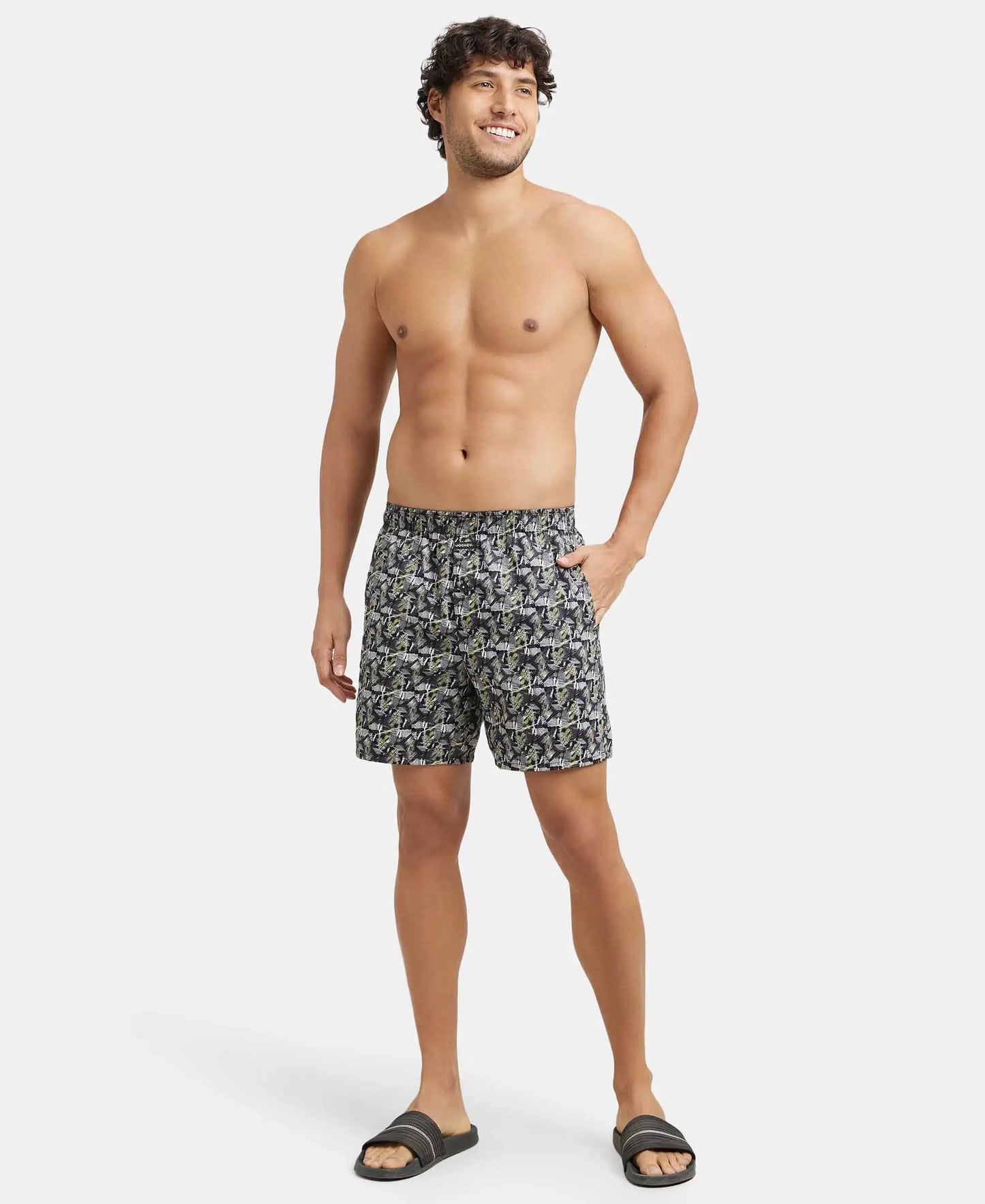 Super Combed Cotton Satin Weave Printed Boxer Shorts with Side Pocket - Black & Orange-6