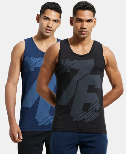 Pack of 2 Super Combed Cotton Rich Tank Top - Black & Navy Print