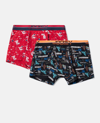 Super Combed Cotton Elastane Stretch Printed Trunk with Ultrasoft Waistband - Black & Chilli Pepper (Pack of 2)