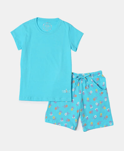 Girl's Super Combed Cotton Short Sleeve T-Shirt and Printed Shorts Set - Blue Curacao