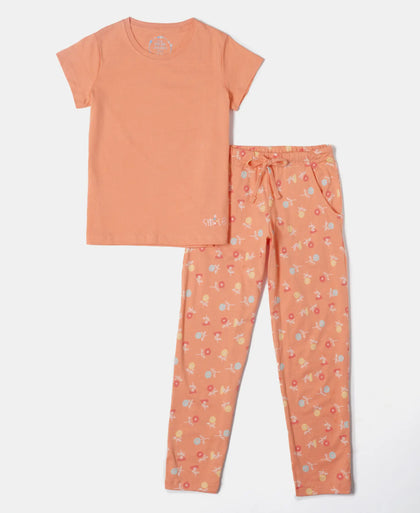 Girl's Super Combed Cotton Short Sleeve T-Shirt and Printed Pyjama Set - Coral Reef