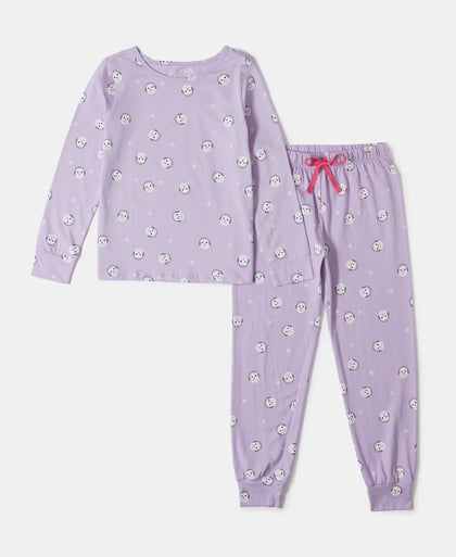 Girl's Super Combed Cotton Printed Full Sleeve T-Shirt and Pyjama Set - Lavendula