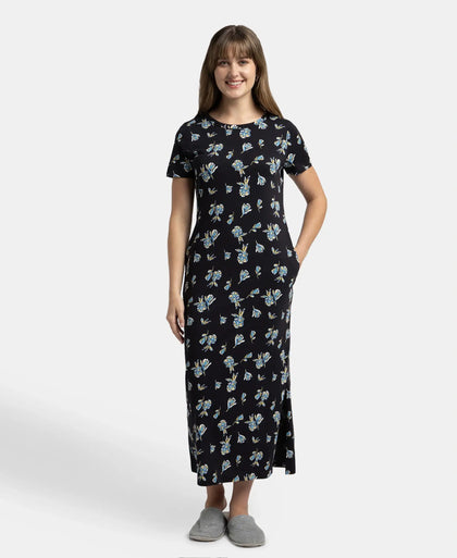 Super Combed Cotton Long Length Printed Lounge Dress - Black