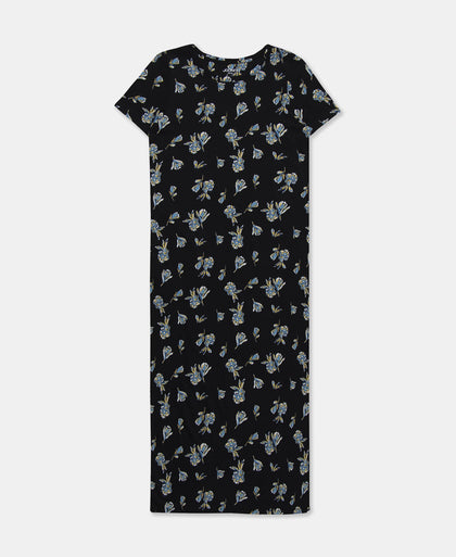 Super Combed Cotton Long Length Printed Lounge Dress - Black