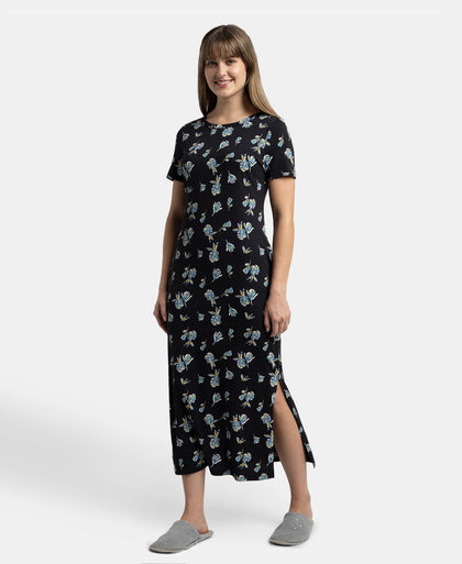 Super Combed Cotton Long Length Printed Lounge Dress - Black