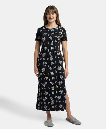 Super Combed Cotton Long Length Printed Lounge Dress - Black