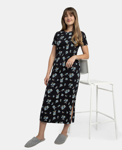 Super Combed Cotton Long Length Printed Lounge Dress - Black