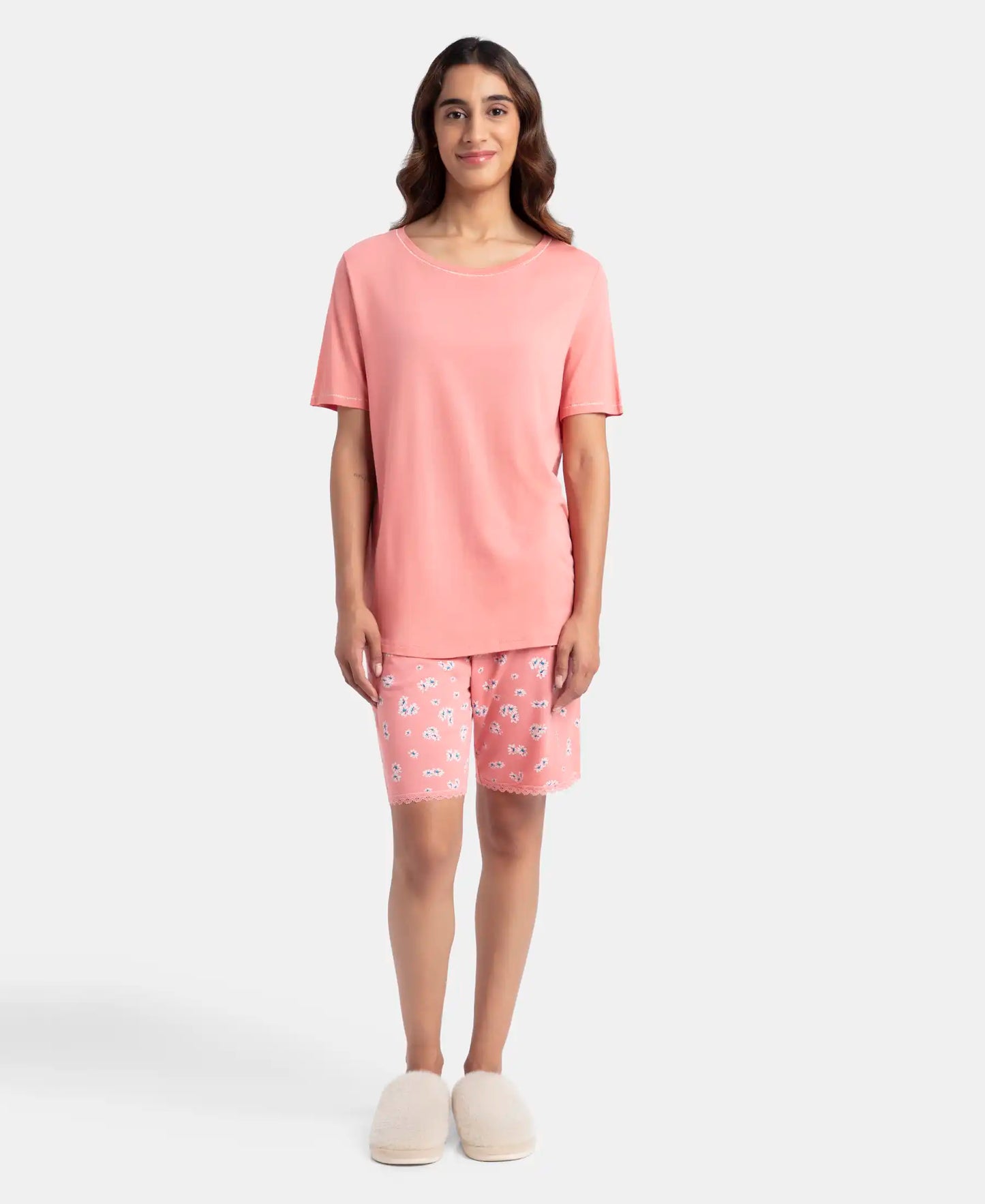 Micro Modal Cotton Short Sleeve T-Shirt and Printed Shorts Set - Peach Blossom