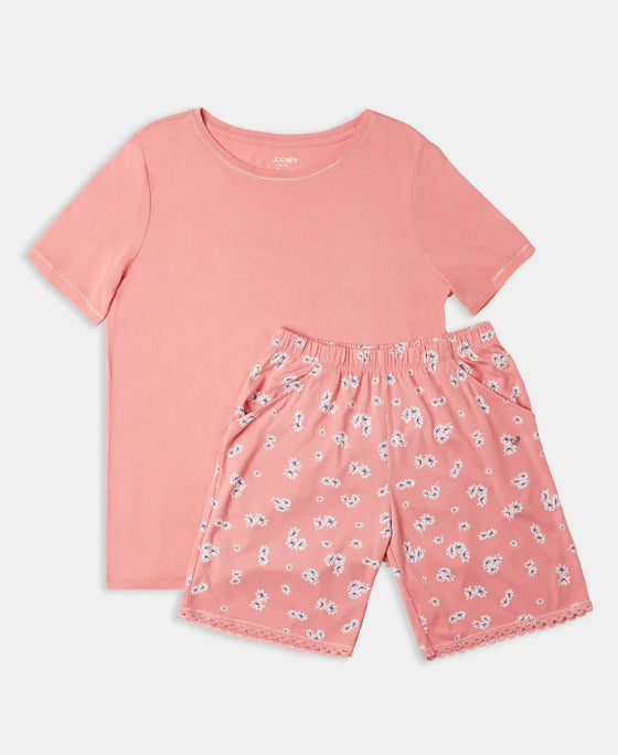 Micro Modal Cotton Short Sleeve T-Shirt and Printed Shorts Set - Peach Blossom