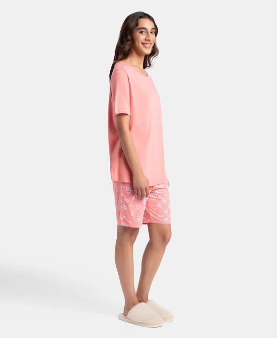 Micro Modal Cotton Short Sleeve T-Shirt and Printed Shorts Set - Peach Blossom