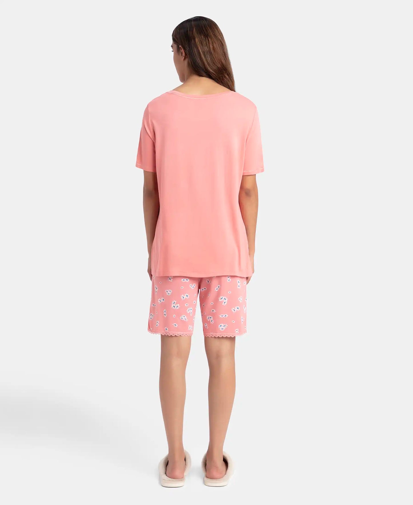 Micro Modal Cotton Short Sleeve T-Shirt and Printed Shorts Set - Peach Blossom