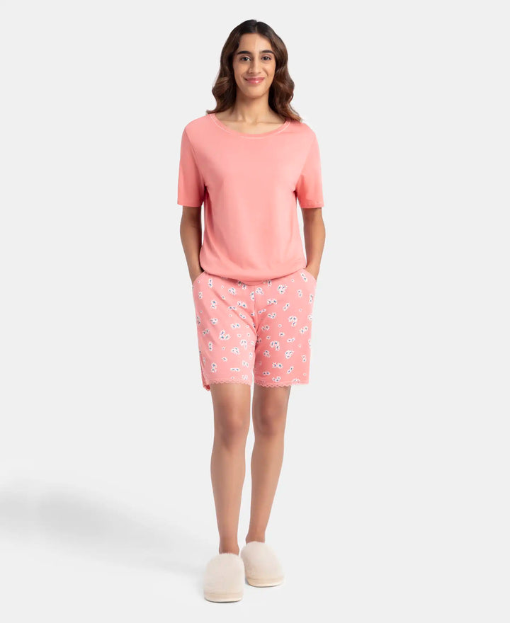 Micro Modal Cotton Short Sleeve T-Shirt and Printed Shorts Set - Peach Blossom