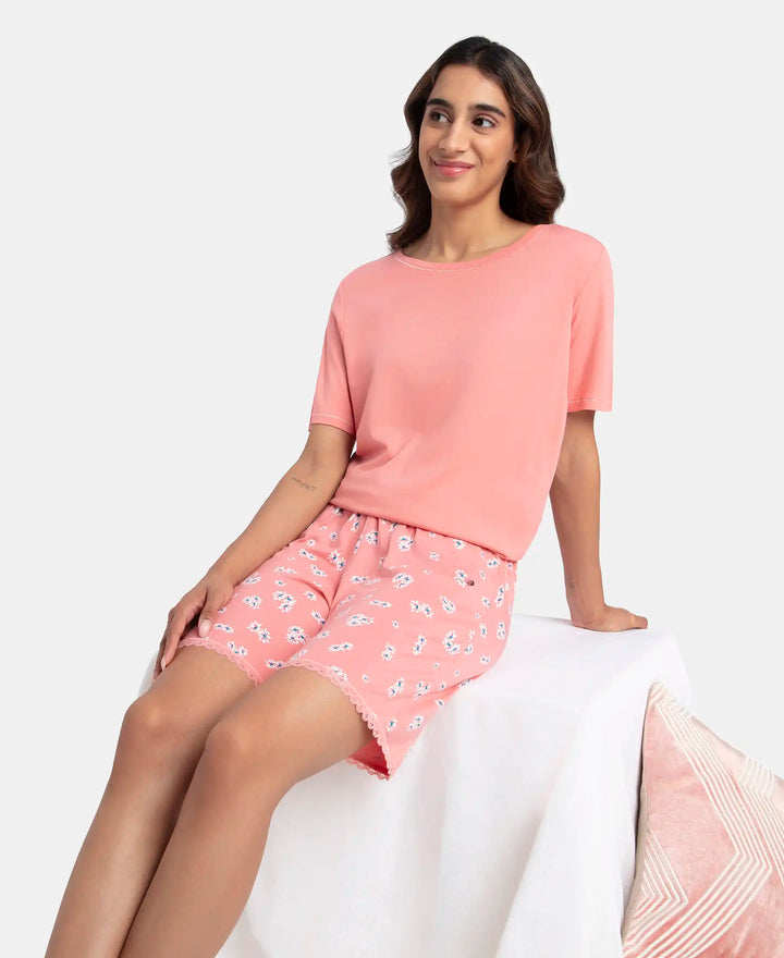 Micro Modal Cotton Short Sleeve T-Shirt and Printed Shorts Set - Peach Blossom