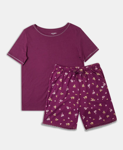 Micro Modal Cotton Short Sleeve T-Shirt and Printed Shorts Set - Purple Wine