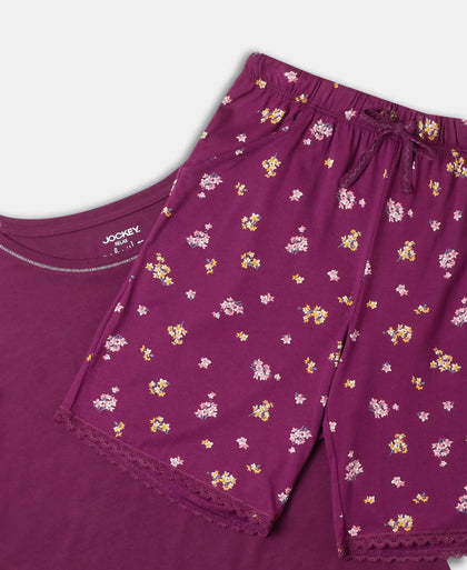 Micro Modal Cotton Short Sleeve T-Shirt and Printed Shorts Set - Purple Wine