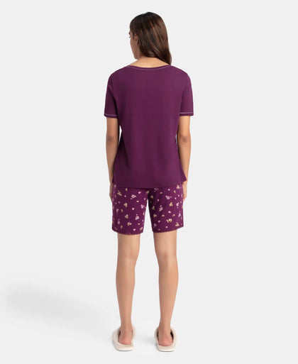 Micro Modal Cotton Short Sleeve T-Shirt and Printed Shorts Set - Purple Wine