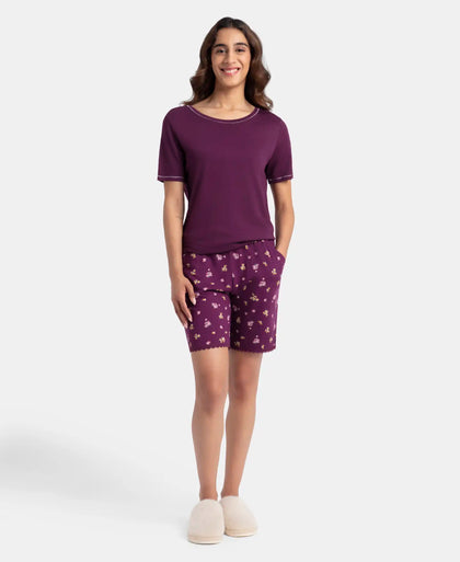 Micro Modal Cotton Short Sleeve T-Shirt and Printed Shorts Set - Purple Wine