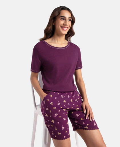 Micro Modal Cotton Short Sleeve T-Shirt and Printed Shorts Set - Purple Wine