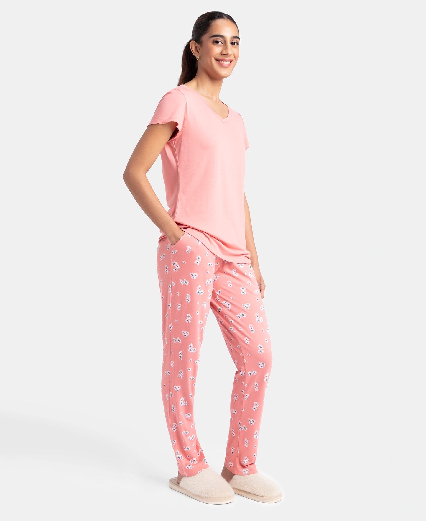 Micro Modal Cotton Short Sleeve T-Shirt & Pyjama Sleep Set - Peach Blossom