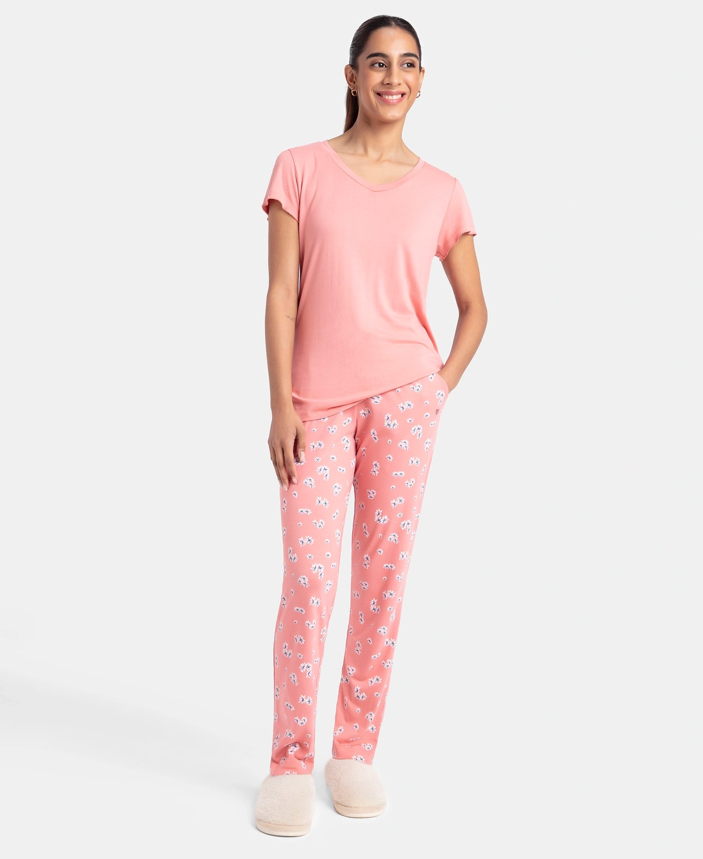 Micro Modal Cotton Short Sleeve T-Shirt & Pyjama Sleep Set - Peach Blossom