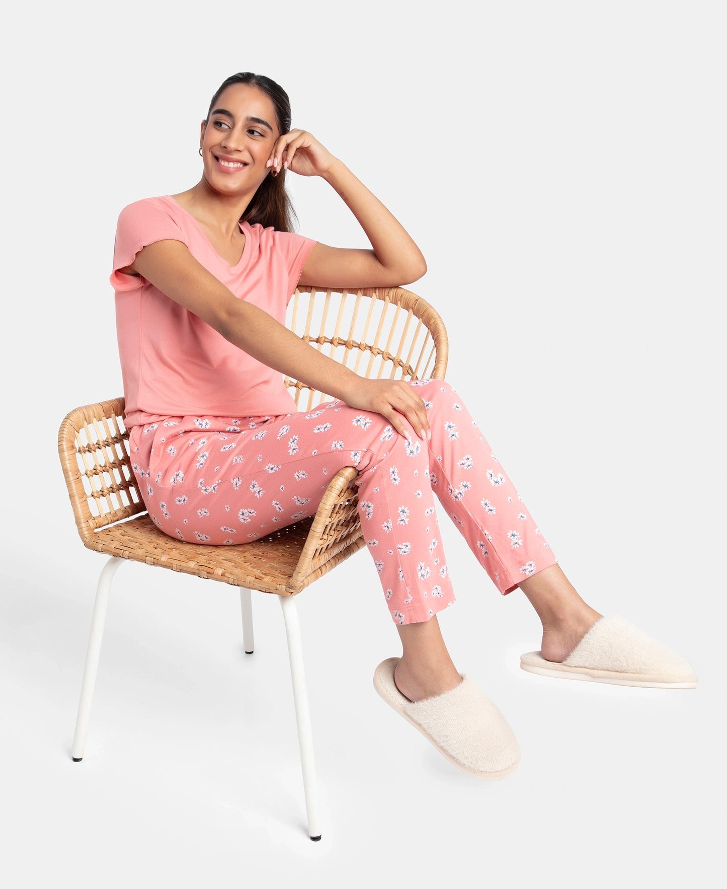 Micro Modal Cotton Short Sleeve T-Shirt & Pyjama Sleep Set - Peach Blossom